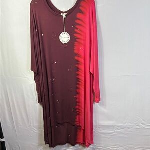 Umgee Burgundy Pink Tie Die Hi Lo Maxi Dress Long Sleeve New oversized 1X